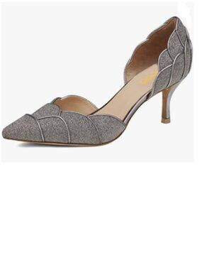 XYD Dark Gray Glitter Pumps, Elegant Pointed Toe, D'Orsay Kitten Low Heels, Shoe